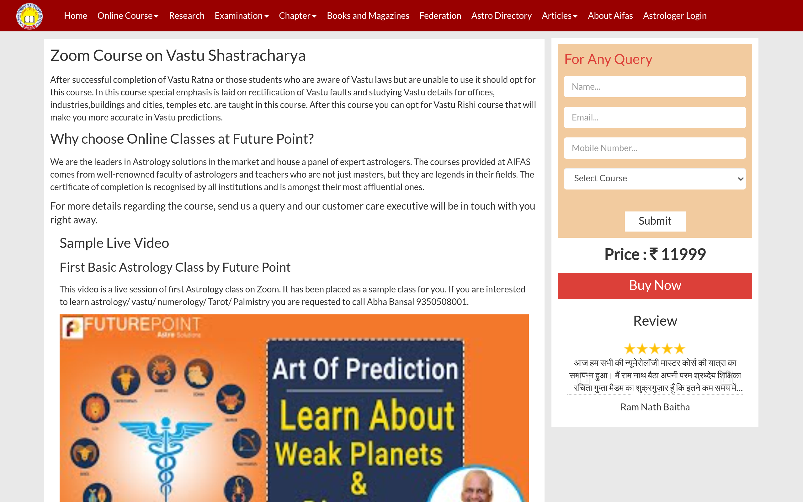 AIFAS Vastu Shastracharya course page screenshot
