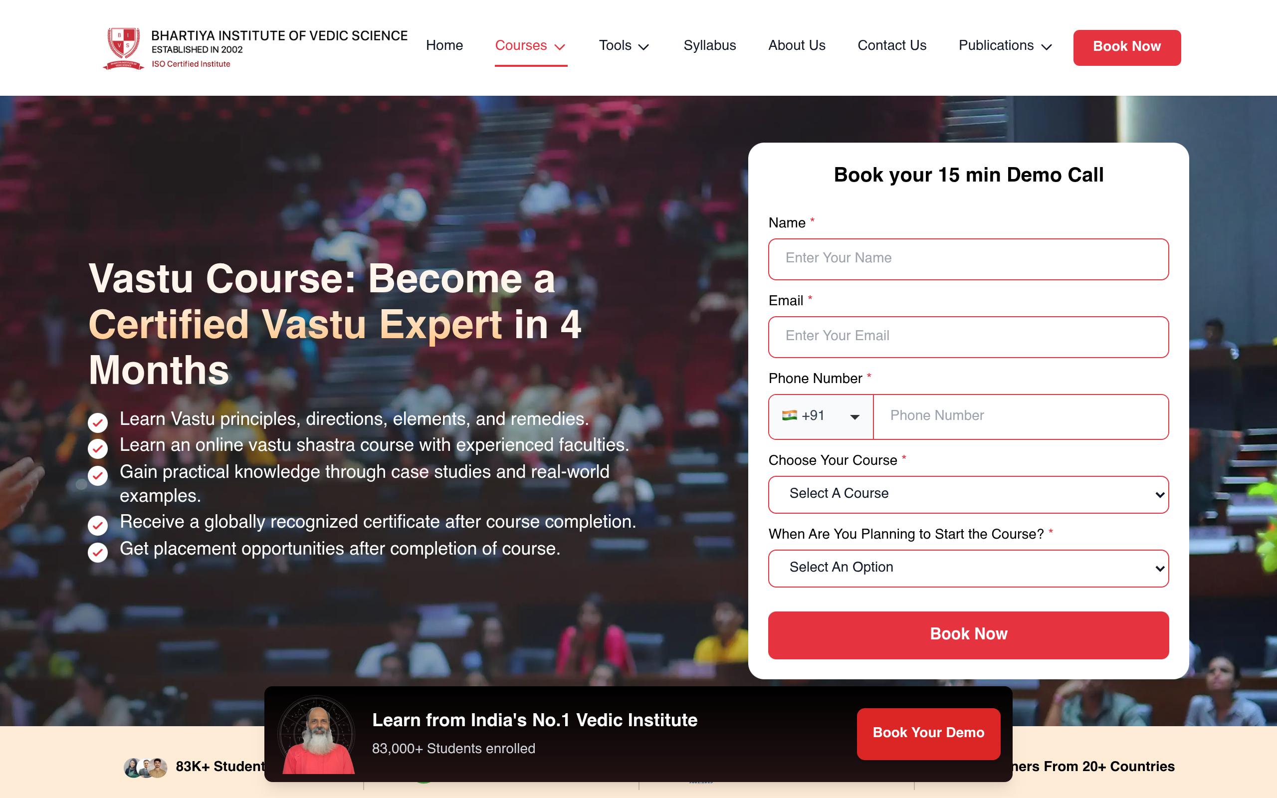 Bhartiya Institute of Vedic Science Vastu course page screenshot
