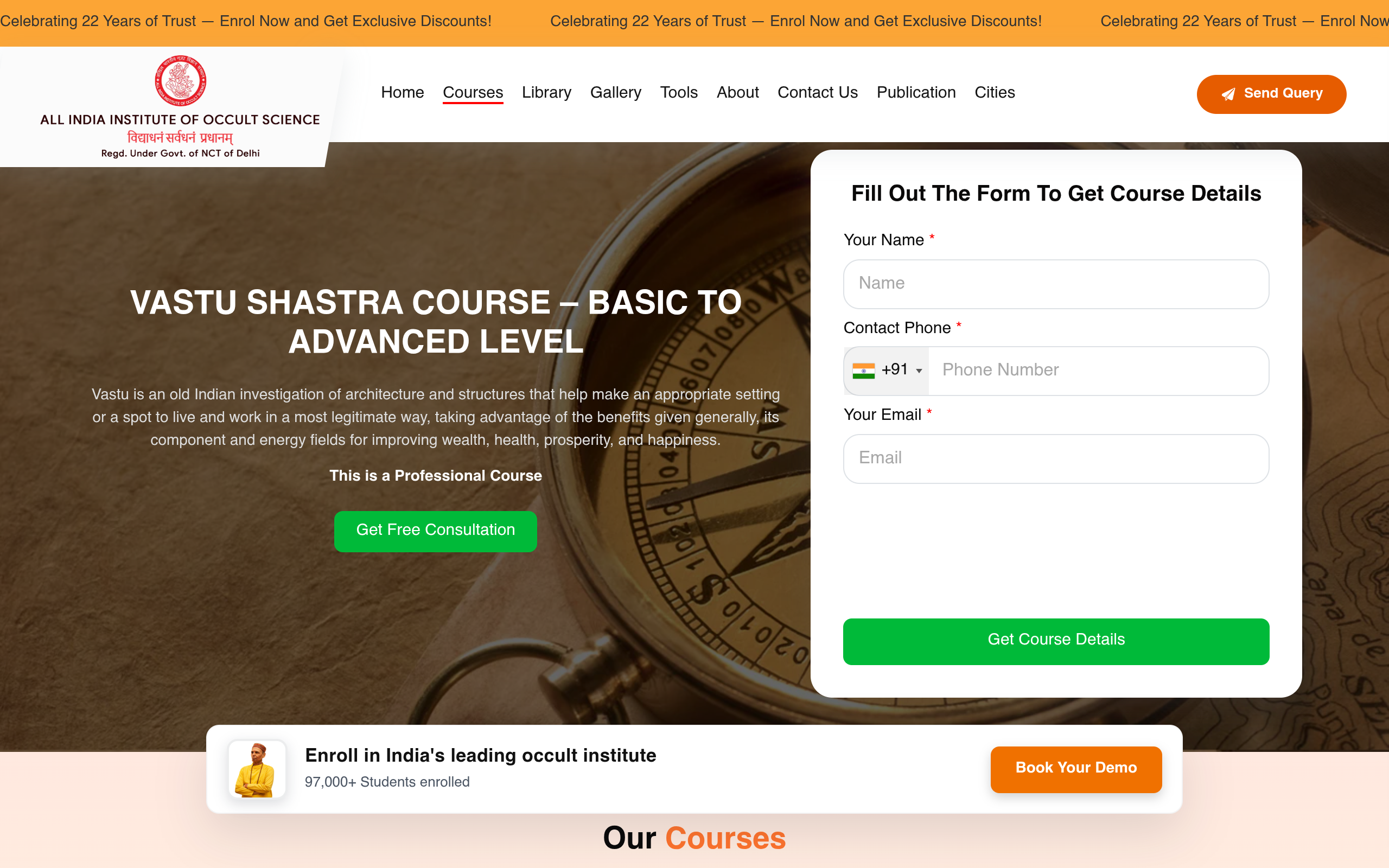 All India Institute of Occult Science Vastu Shastra course page screenshot